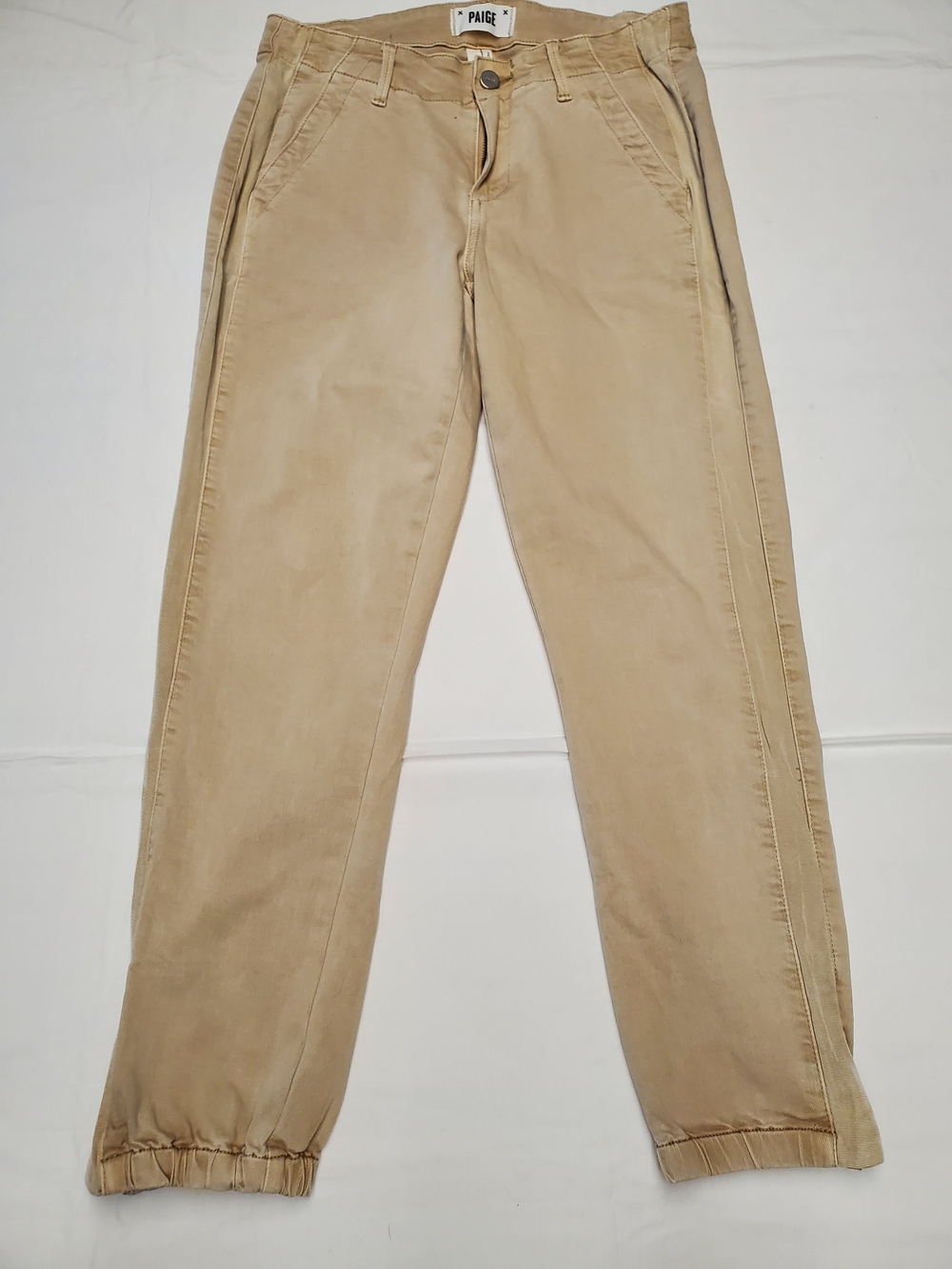 PAIGE Beige Jogger Pants Size 26 | Utility Tapered Elastic Hem Side Stripe